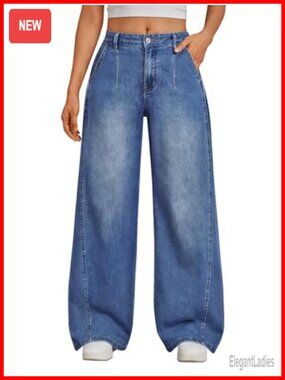 Wide Leg Jeans Side Pleat Baggy Denim Pull On Casual Pants